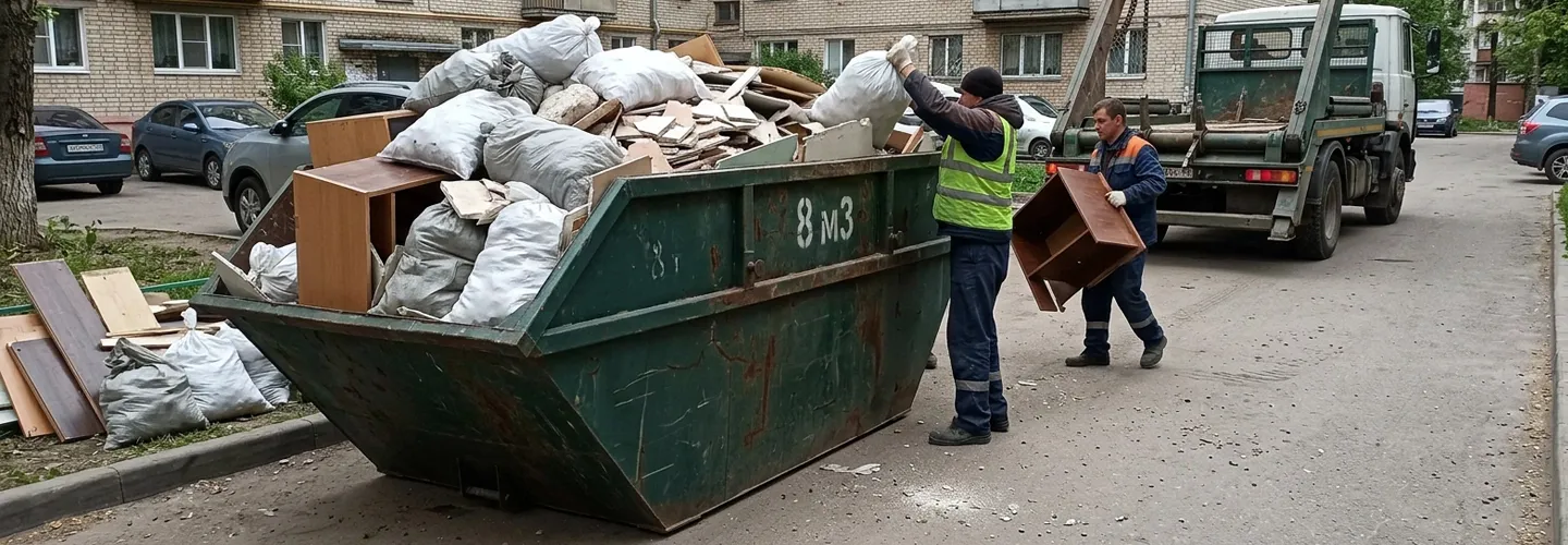 Рабочие загружают мешки, доски и обломки мебели в бункер 8 м³ во дворе жилого дома