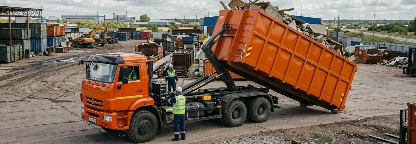 Мультилифт КамАЗ разгружает оранжевый контейнер со строительным мусором на площадке