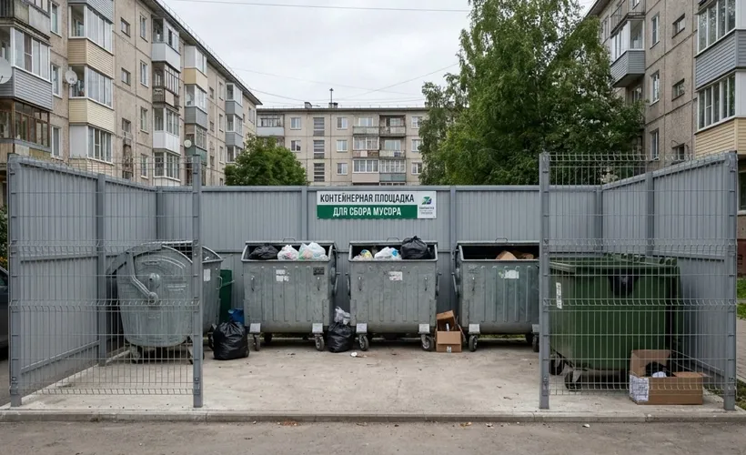 Контейнерная площадка для сбора бытового мусора во дворе