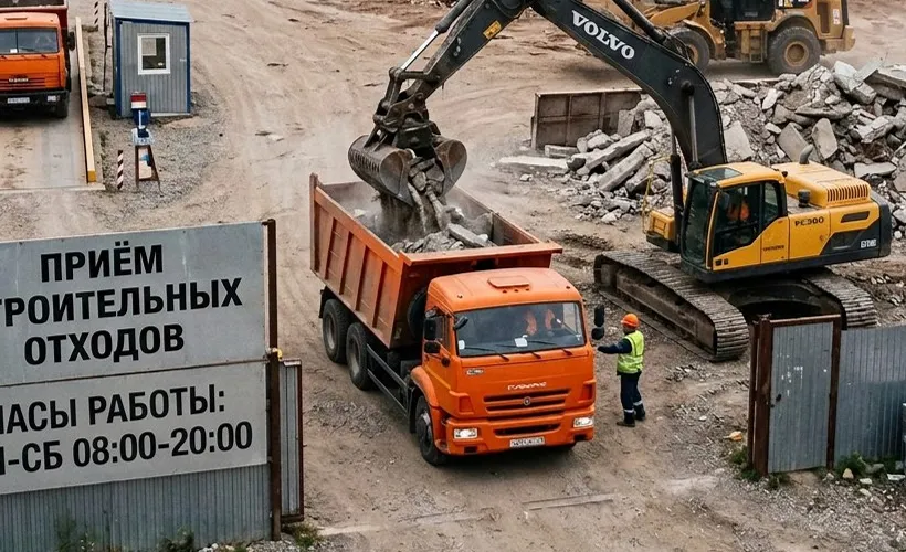 Самосвал разгружает строительный мусор на пункте приёма отходов