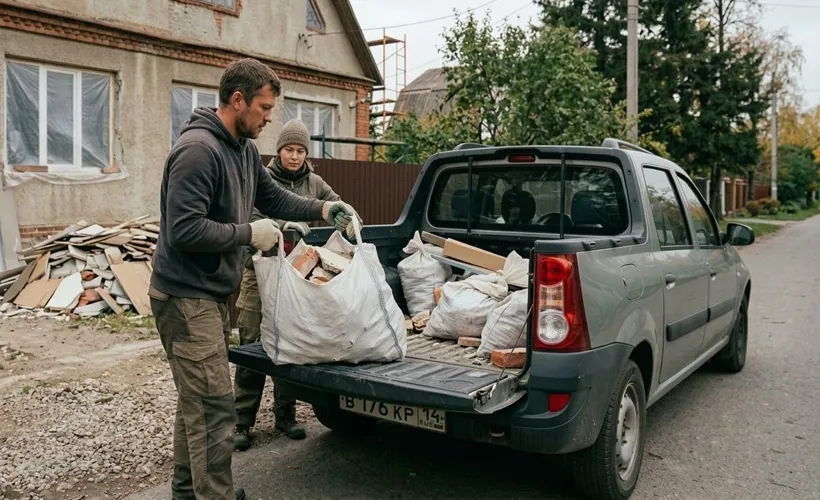 Мужчина и женщина грузят мешки со строительным мусором в пикап у частного дома